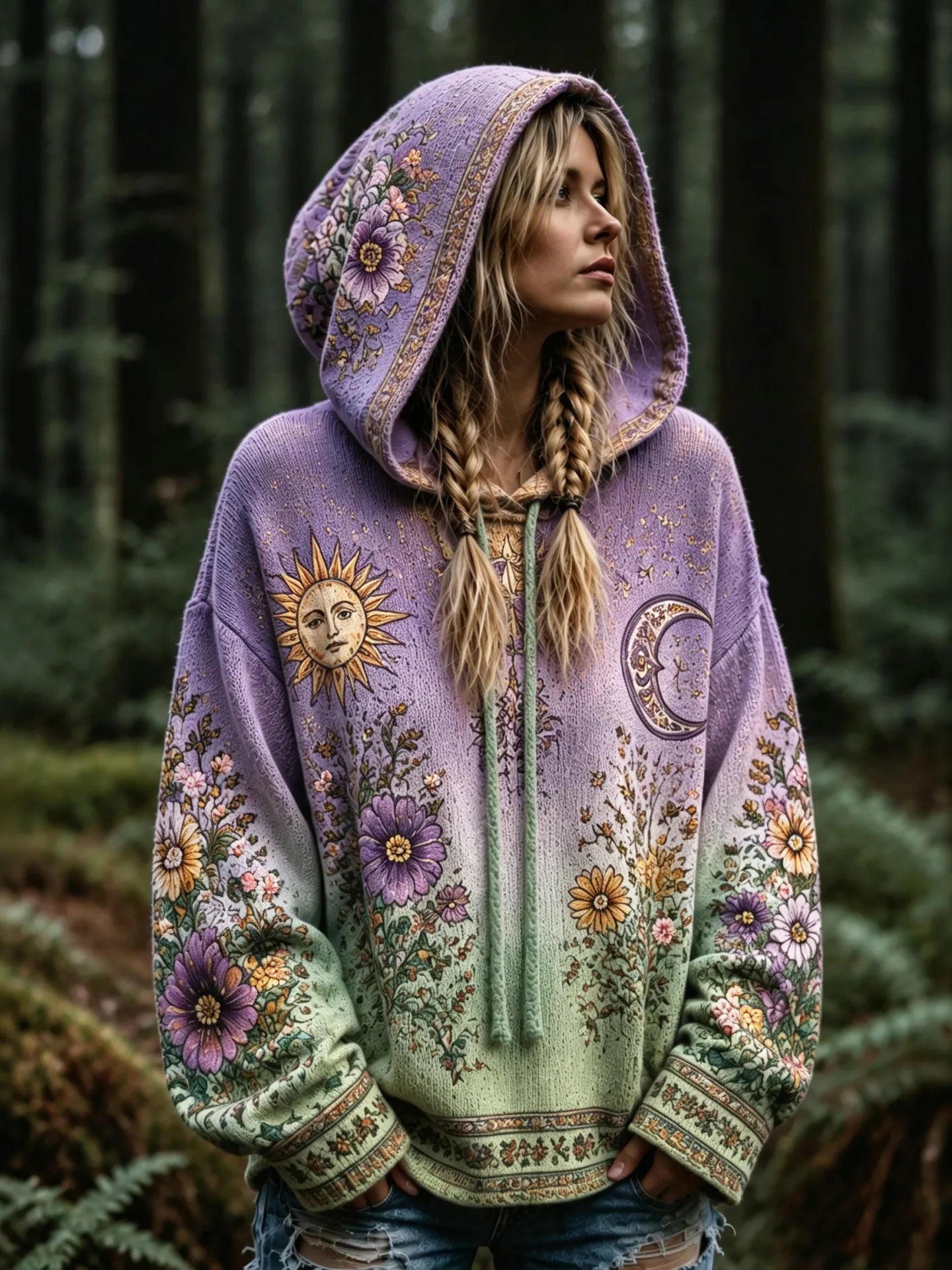 Women's Retro Hippie Floral Art Cozy Knit Hooded Sweater