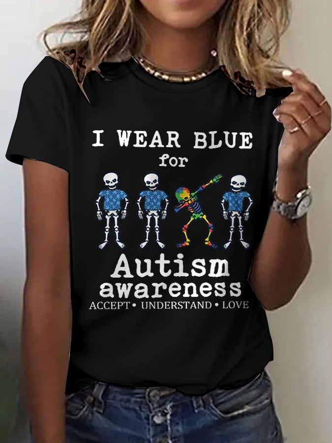 Women's Retro I Wear Blue For Autism Awareness Accept Understand Love Print T-Shirt