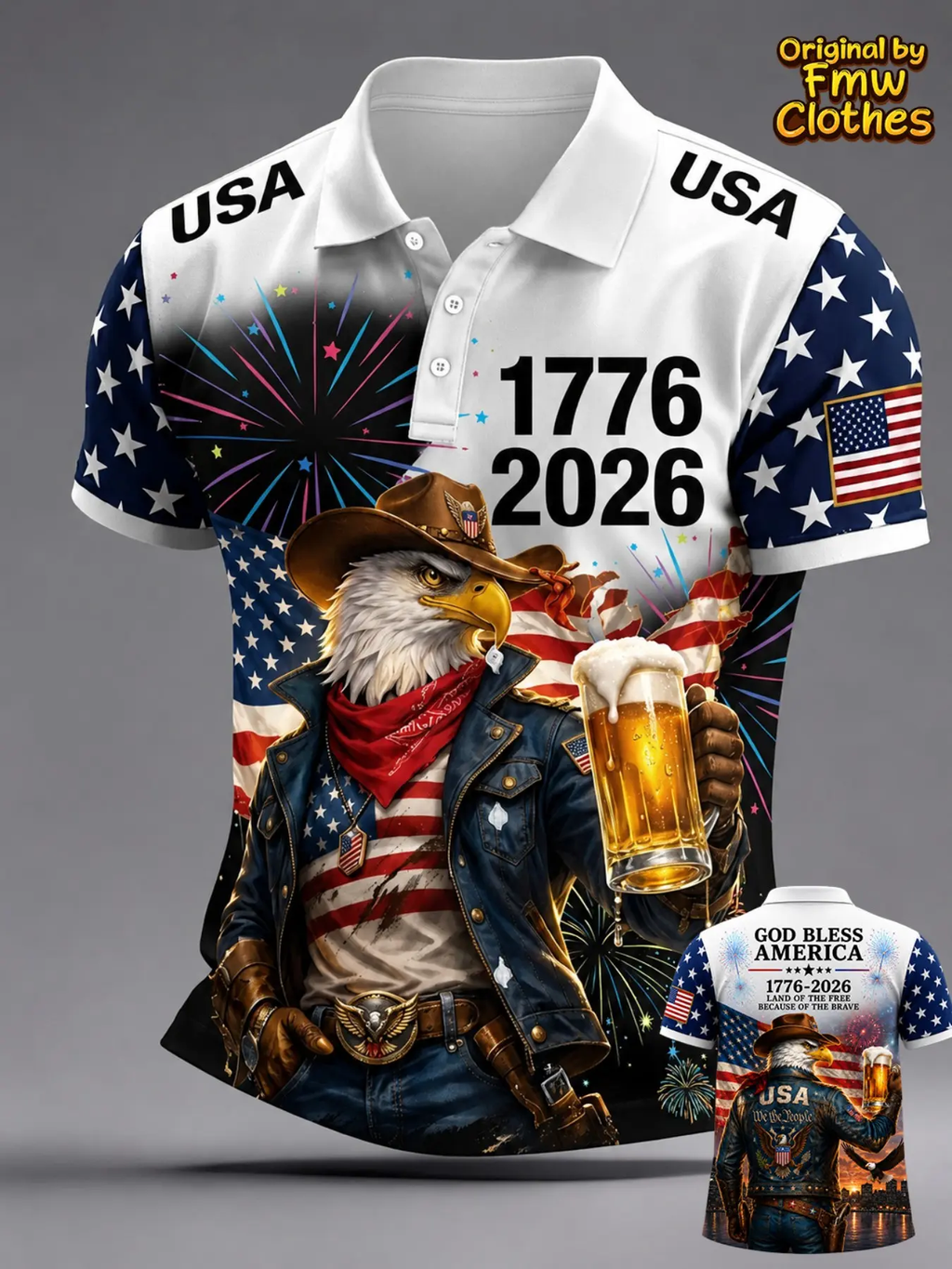 Men's American Independence Day 250th Anniversary Cowboy Eagle Beer Memorial Short Sleeve Shirt