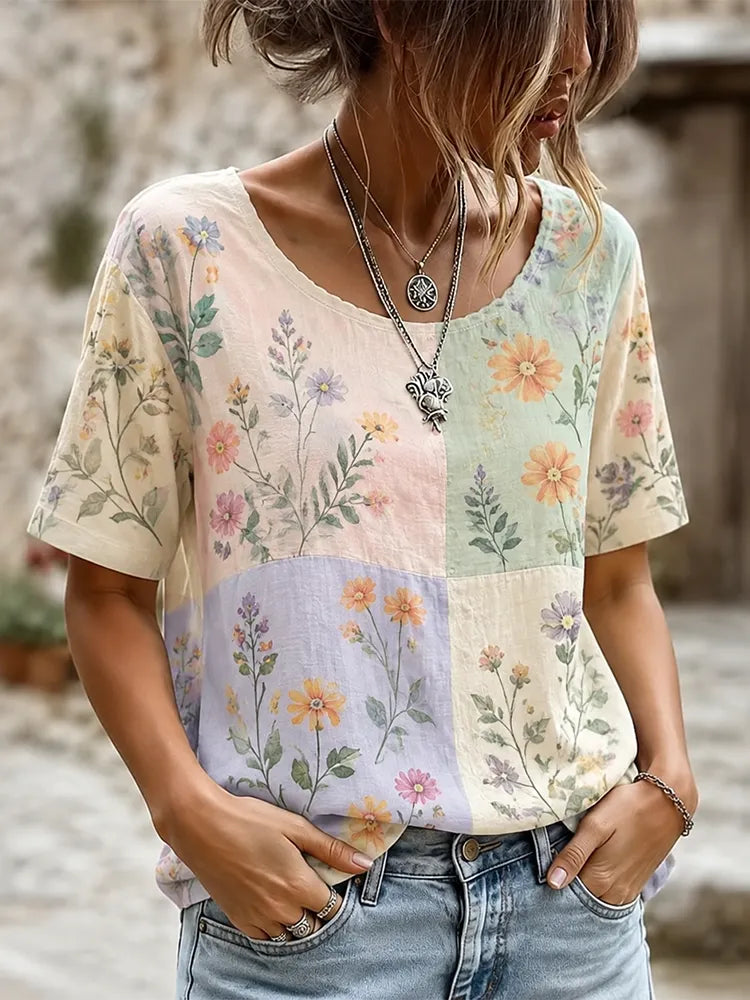 Women's Vintage Patchwork Floral Print Short Sleeve Scoop Neck Blouse