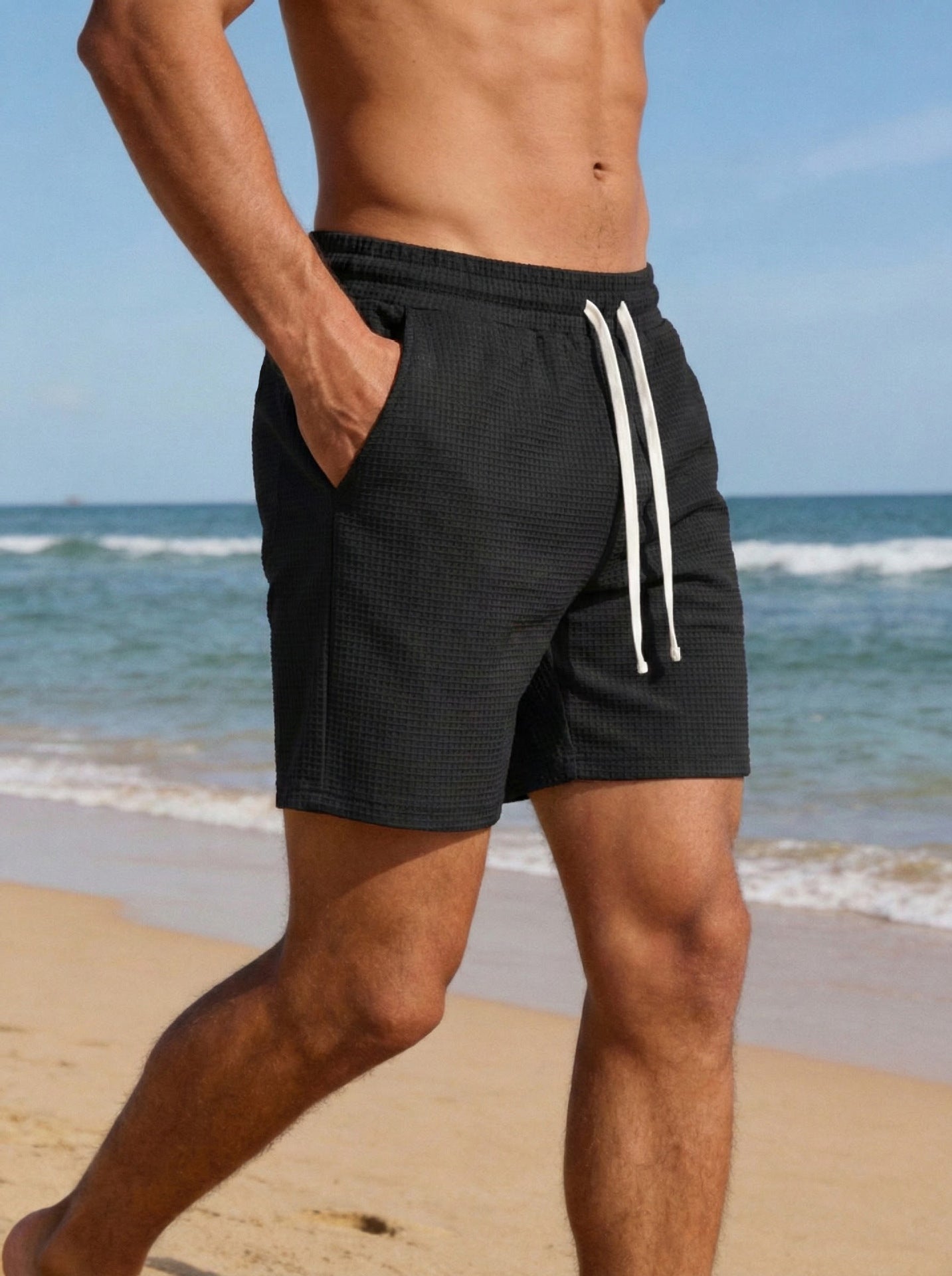 Men's Casual Solid-Color Waffle-Knit Drawstring Shorts with Pockets