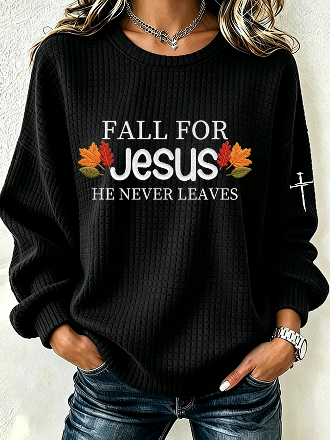 Women's Fall for Jesus Print Crew Neck Check Sweatshirt