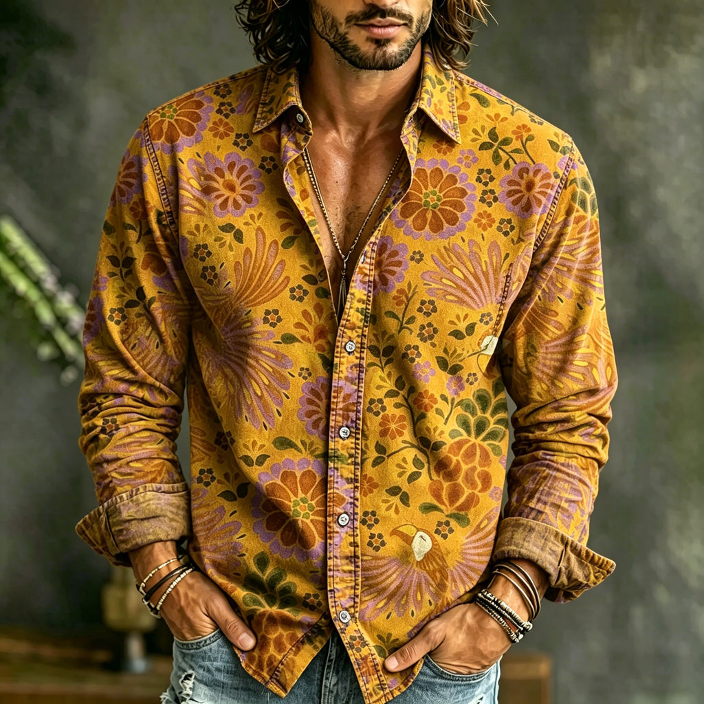 Men's Causal Spring Summer Mediterranean Style Floral Art Print Flowy Linen Blend Shirt