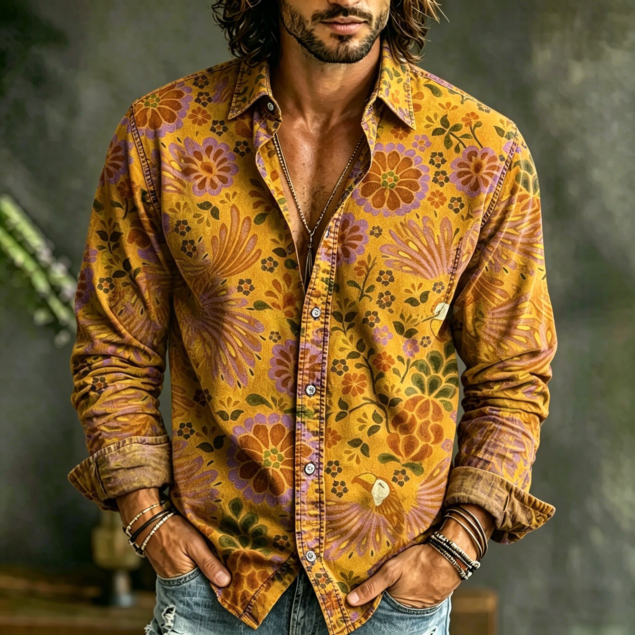 Men's Causal Spring Summer Mediterranean Style Floral Art Print Flowy Linen Blend Shirt