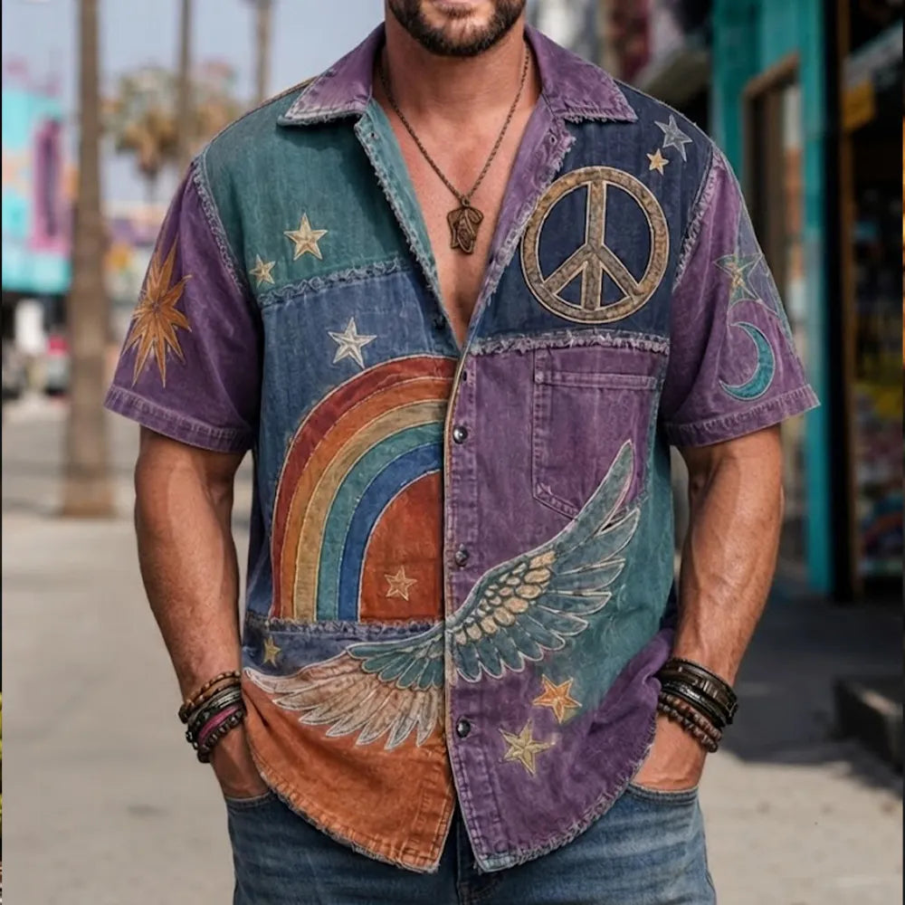 Men's Retro Artistic Patchwork Motif Short Sleeve Button-down