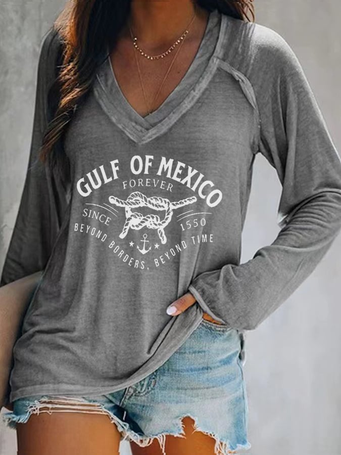 Women's Gulf Of Mexico Print V Neck T-Shirt