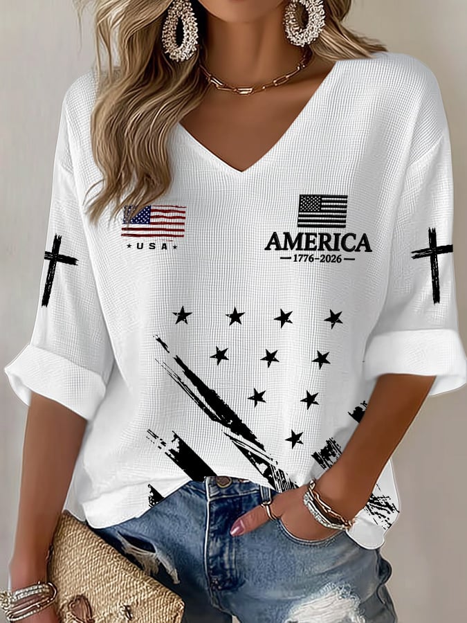 Women's Casual Printed Waffle Top