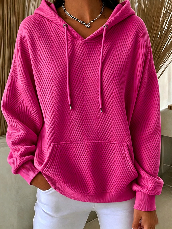 Women'S Casual Pink Textured Hooded Sweatshirt