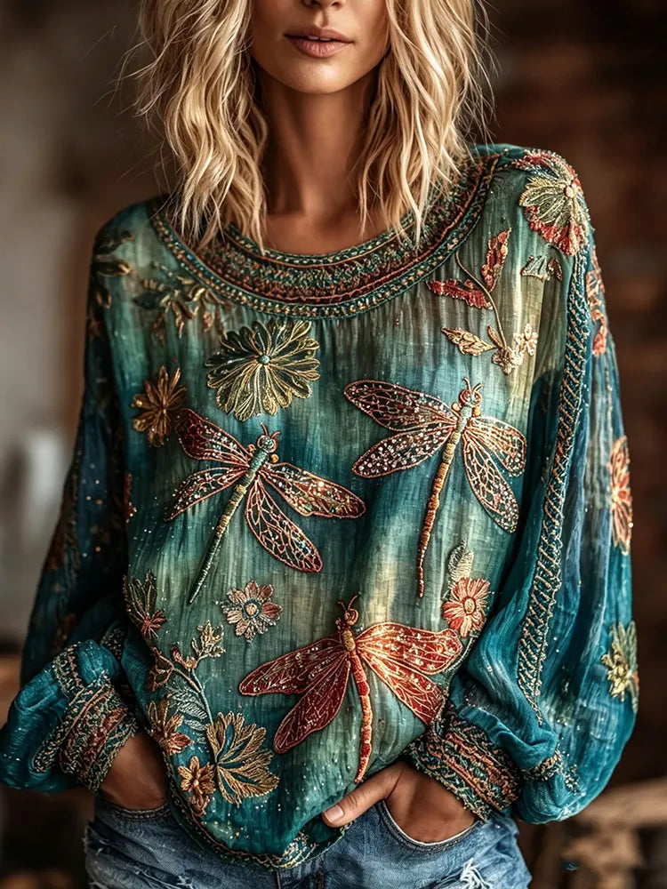 Women's Vintage Hippie Floral And Dragonfly Pattern Art Embroidered Linen Blend Long Sleeve Tops