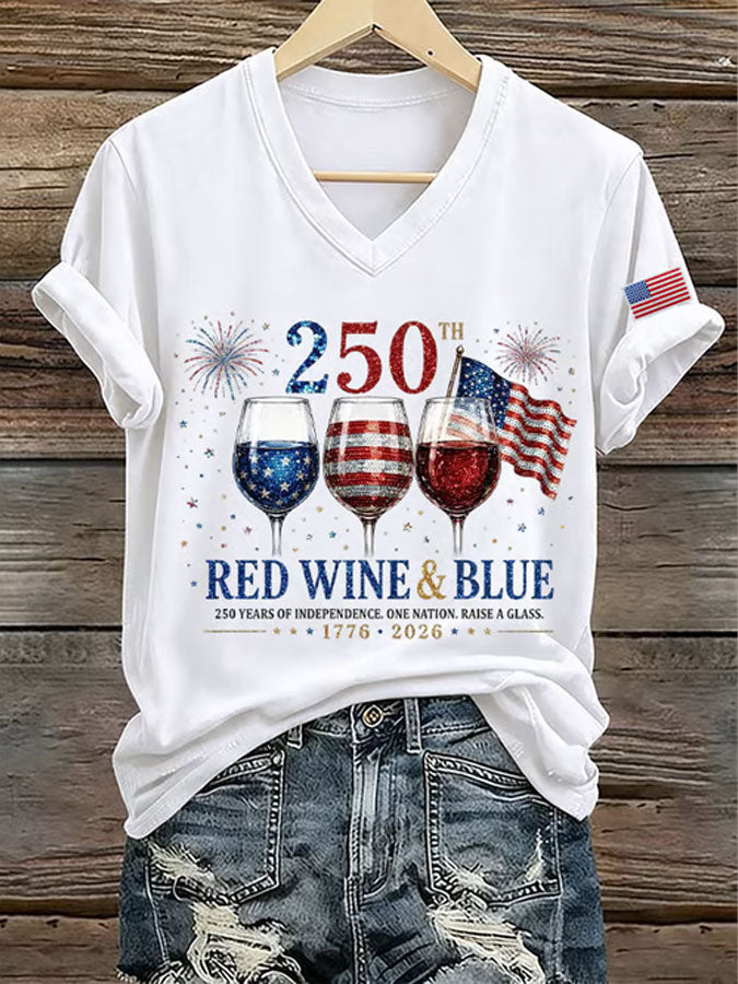 250Th Anniversary American Embroidery Commemorative V-Neck Short Sleeved T-Shirt