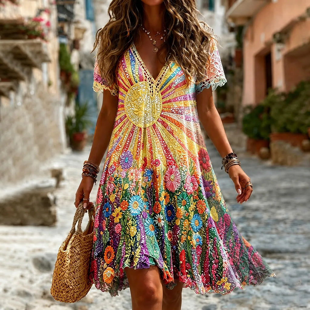 Women's Retro Hippie Floral Sunshine Rainbow Pattern Art Linen Blend Round Neck Mini Dress