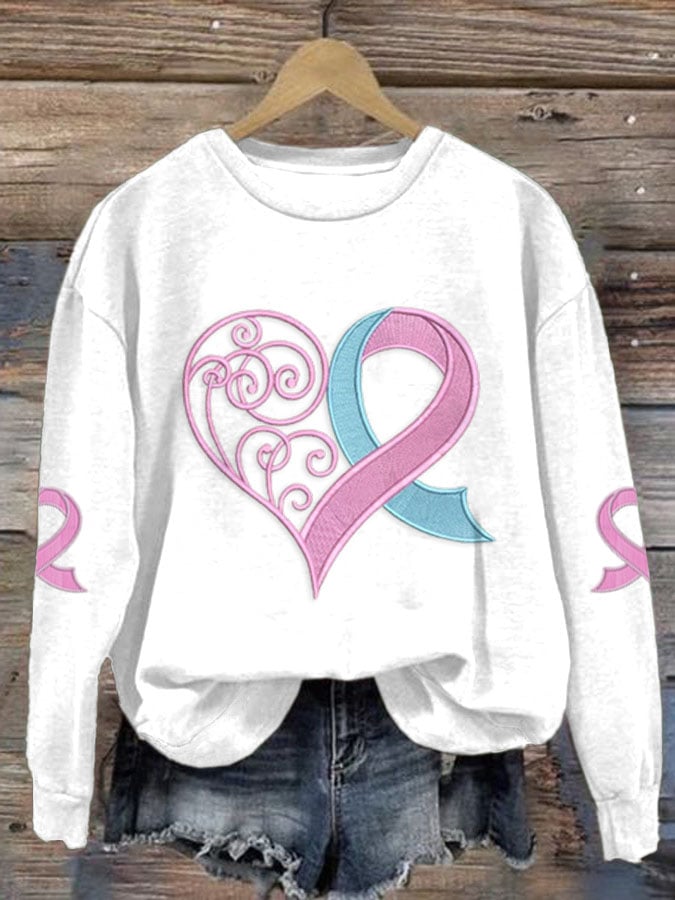 Women's Breast Cancer Awareness Print Love Heart Pink Ribbon Long Sleeve Sweatshirt