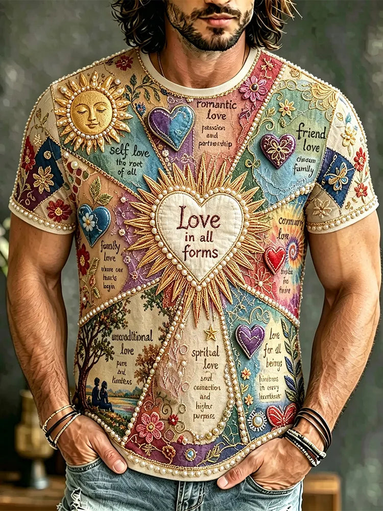 Men's Vintage Hippie Heart Art Patchwork Casual Short-sleeved Top