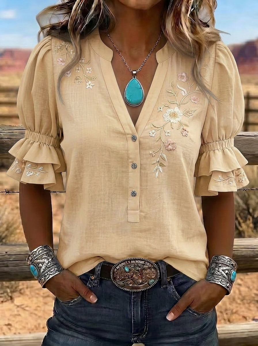 Women's Western Vintage Floral Embroidered Ruffle Sleeve Top