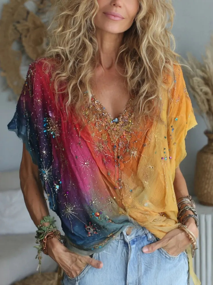Women's Vintage Hippie Floral And Dragonfly Pattern Art Embroidered Linen Blend Short Sleeve Shirts