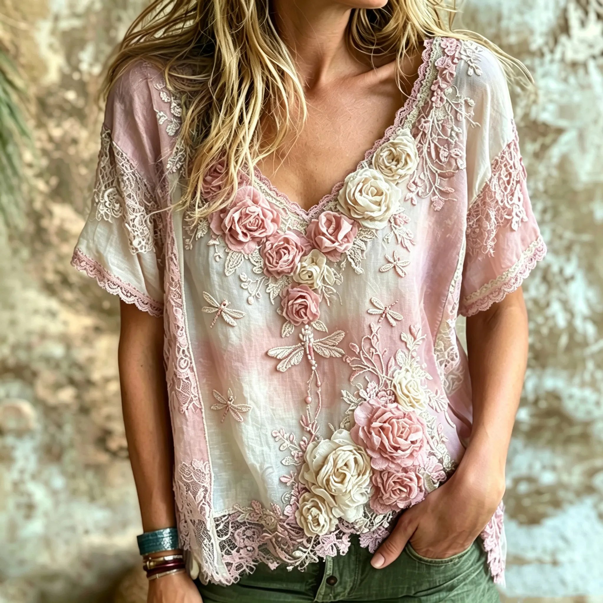 Women's Vintage Bohemian Rose And Dragonfly Embroidered Print Top