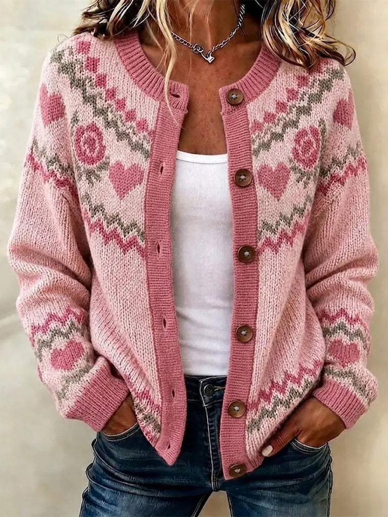 Women's Breast Cancer Awareness Month Rose Heart Graphic Icelandic Cardigan