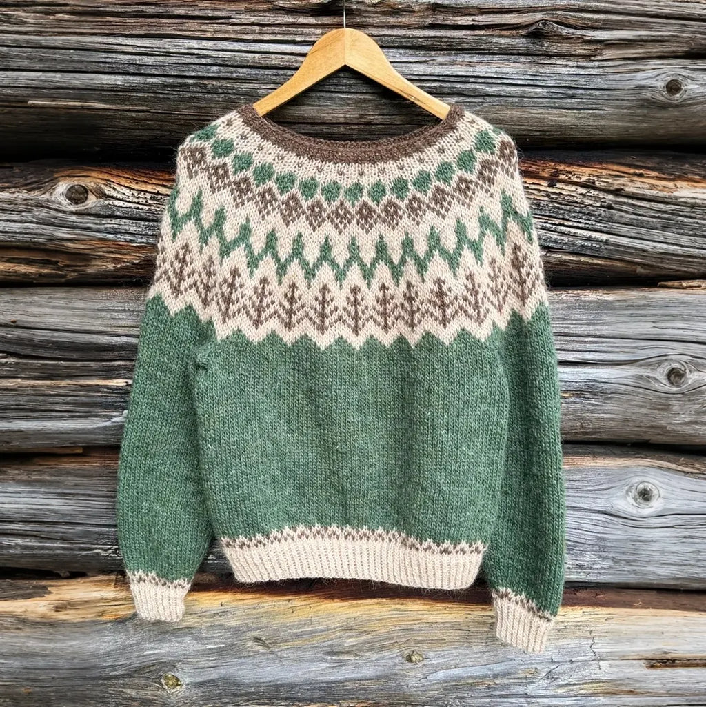 Women's Forest Motif Print Knitted Comfort Round Neck Sweater