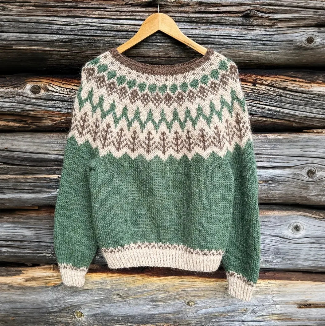 Women's Forest Motif Print Knitted Comfort Round Neck Sweater