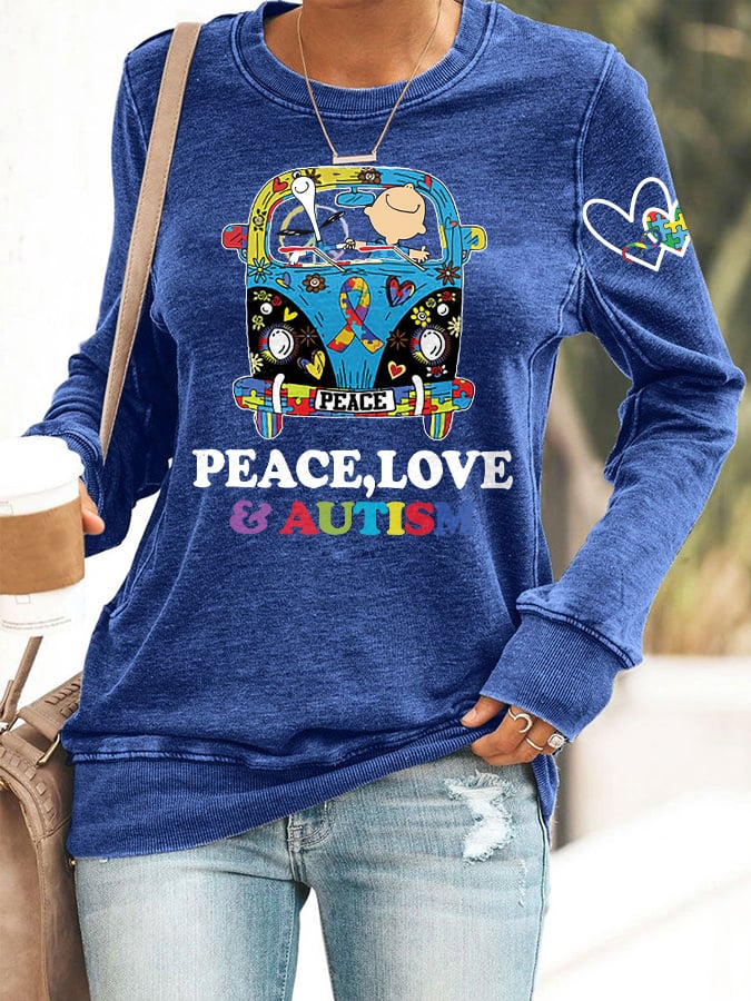 Retro Autism Awareness Ribbon Peace Love Autism Infinity Symbol Love Heart Print Sweatshirt