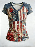Women's distressed V-neck top with flag patchwork design