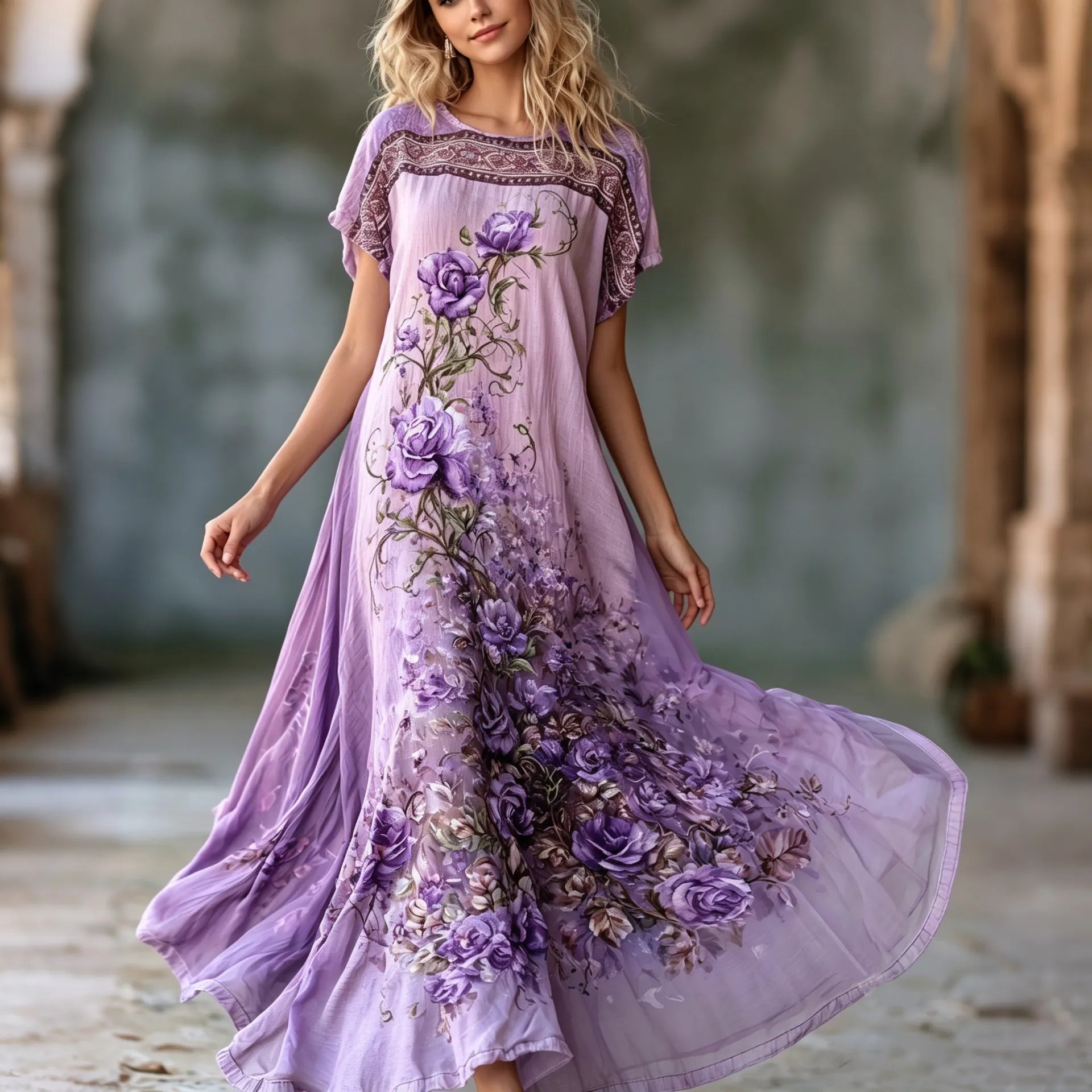 Women's Vintage Purple Roses Art Print Crew Neck Short Sleeve Maxi Dress