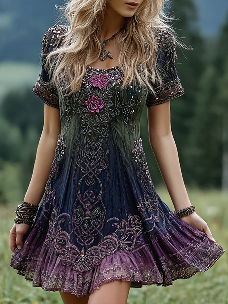 Women's Vintage Romantic Celtic Knot With Floral Art Linen Blend  Round Neck Mini Dress