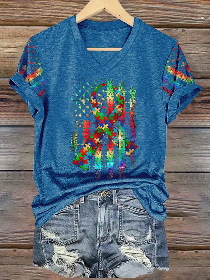 Women’s Retro Autism Awareness Colorful Puzzle Pieces Ribbon American Flag Print V-Neck T-Shirt