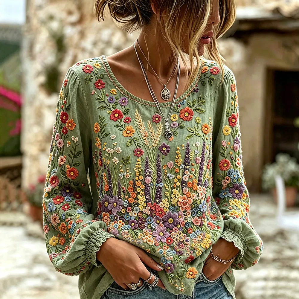 Women's Colorful Floral Art Embroidery Comfortable Cotton Linen Crew Neck Long Sleeve Top