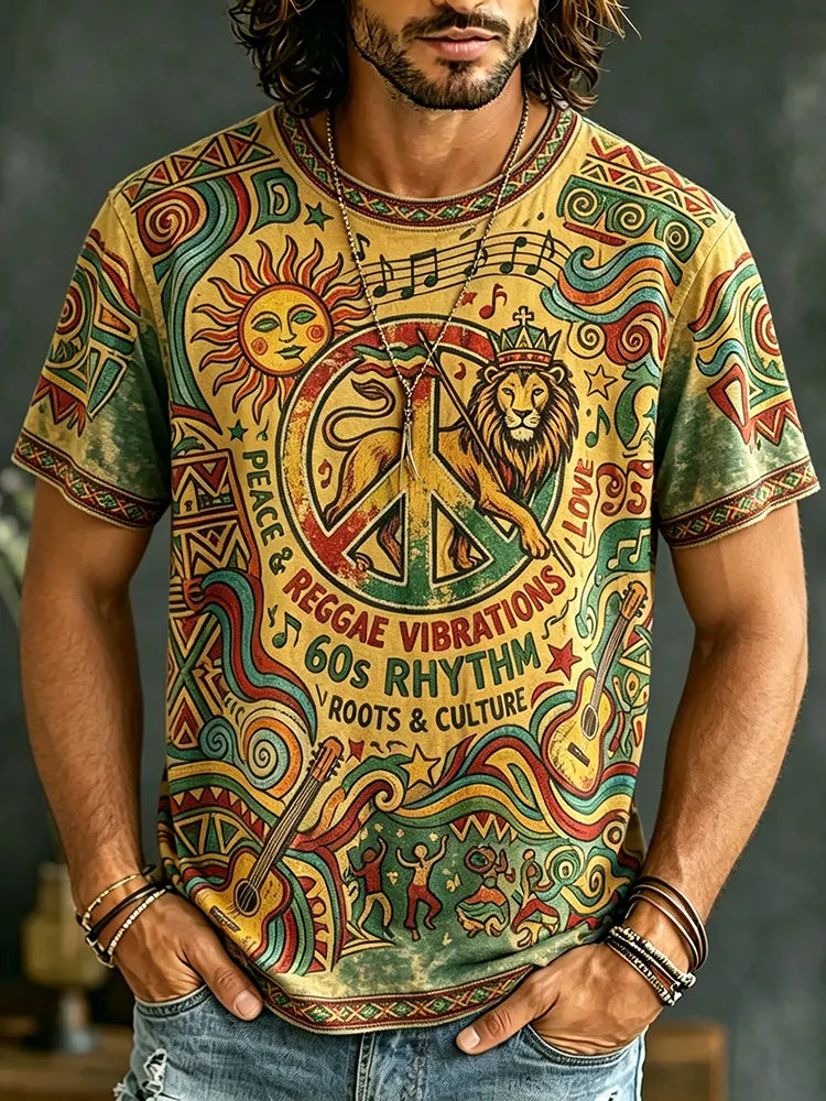 Men's Retro Casual Music Hippie Lion Print Short-sleeve T-shirt