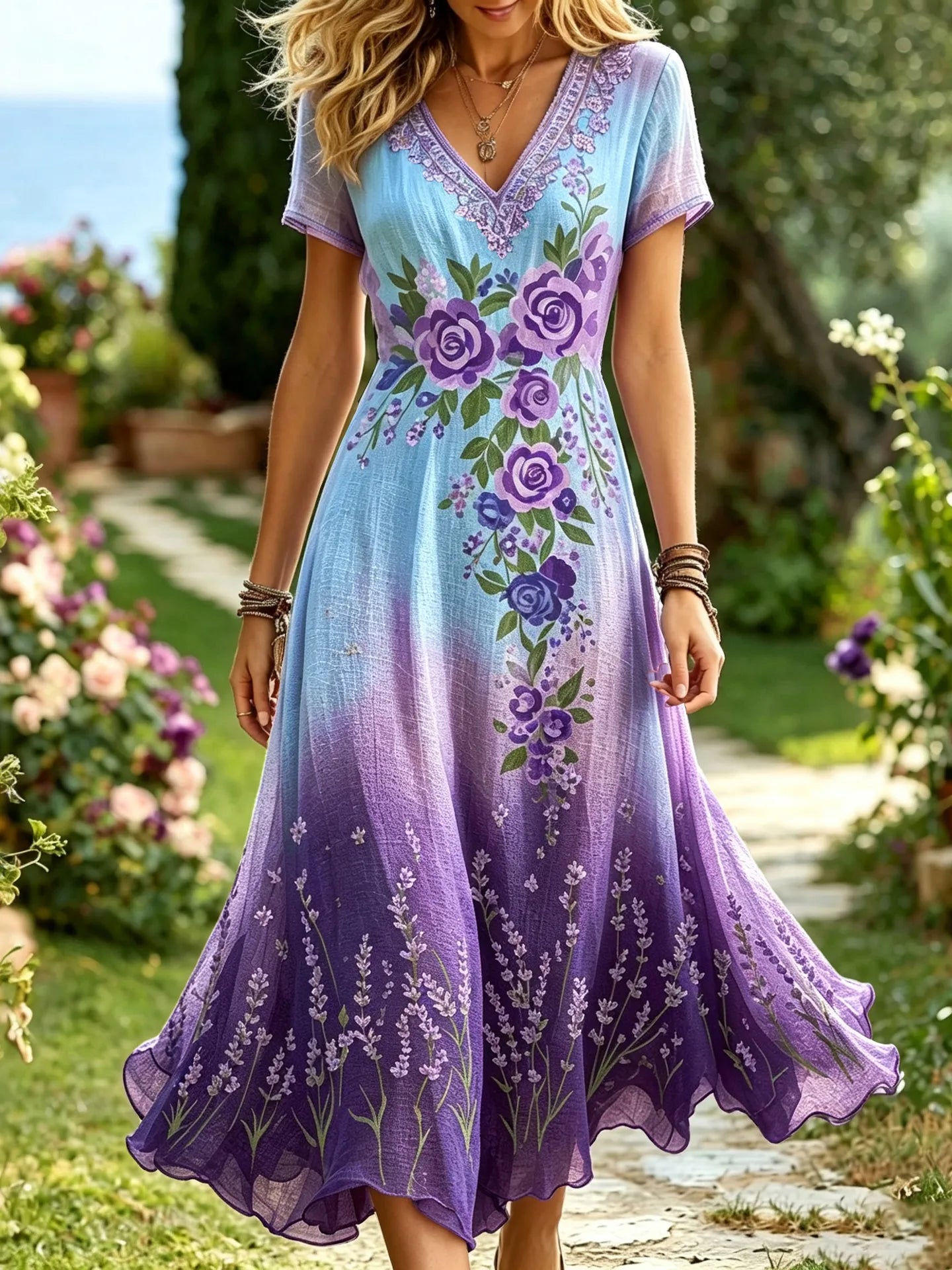 Women's Purple Rose Embroidery Print Alzheimer's Awareness V-neck Midi Dress