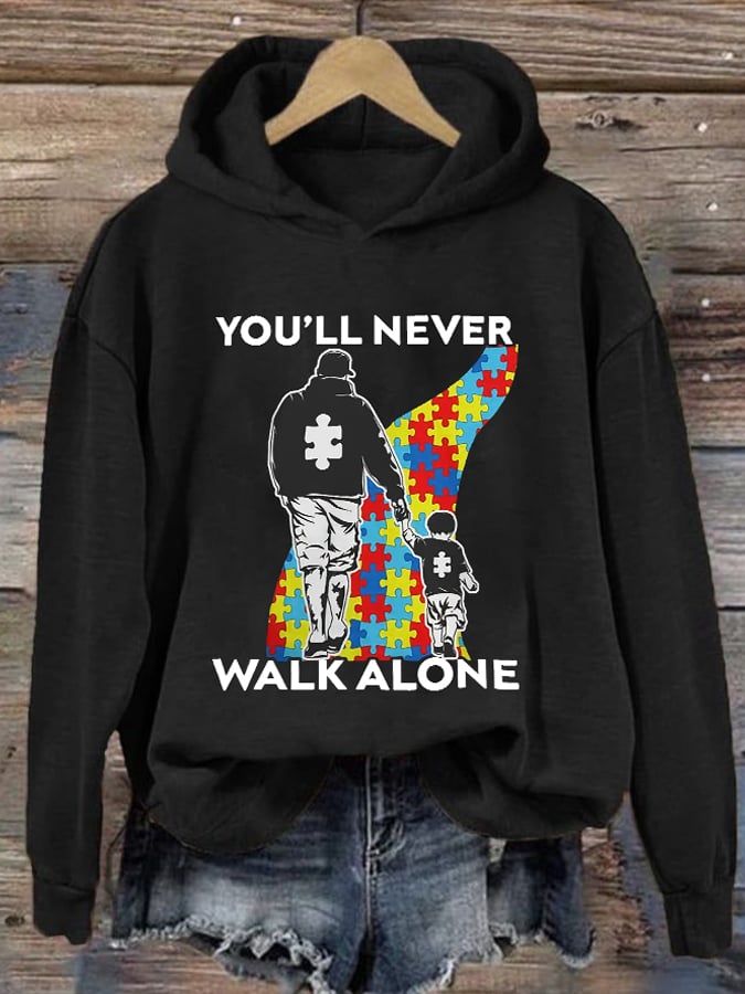 Retro Autism Awareness Dad And Son You'll Never Walk Alone Print Hoodie
