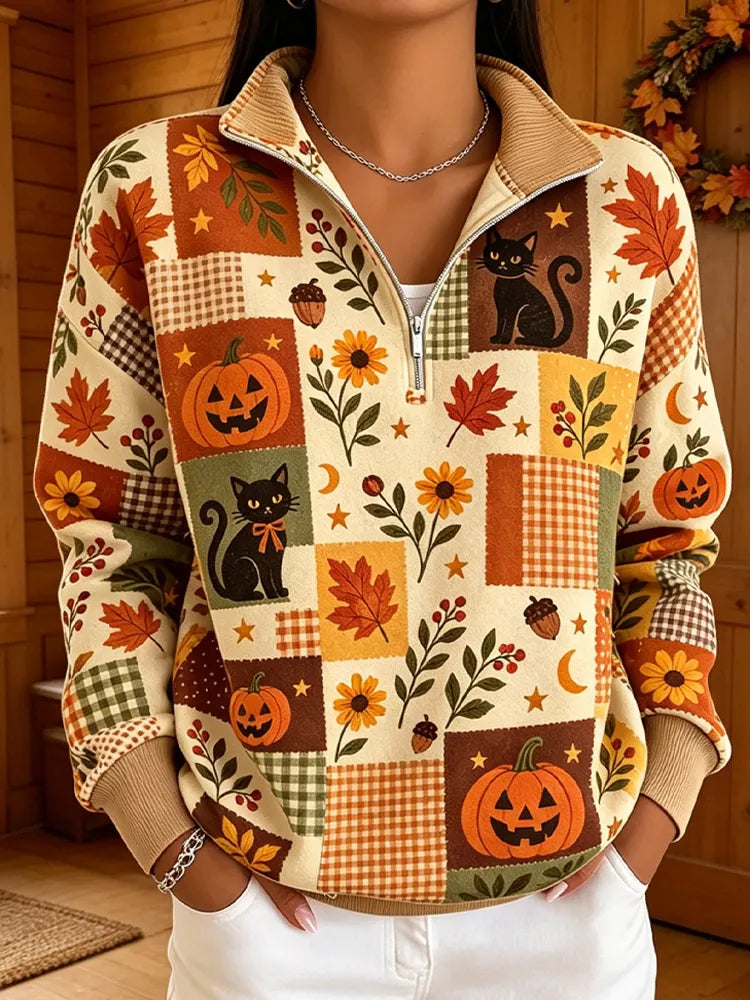Women's Halloween Pumpkin Cat Color Block Plant Print Half-zip Hoodie