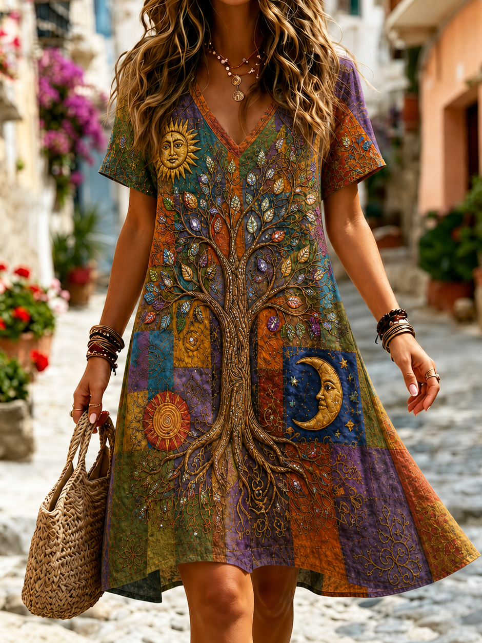 Women's Colorful Tree Of Life Sun Moon Patchwork Art Cotton Linen Dress