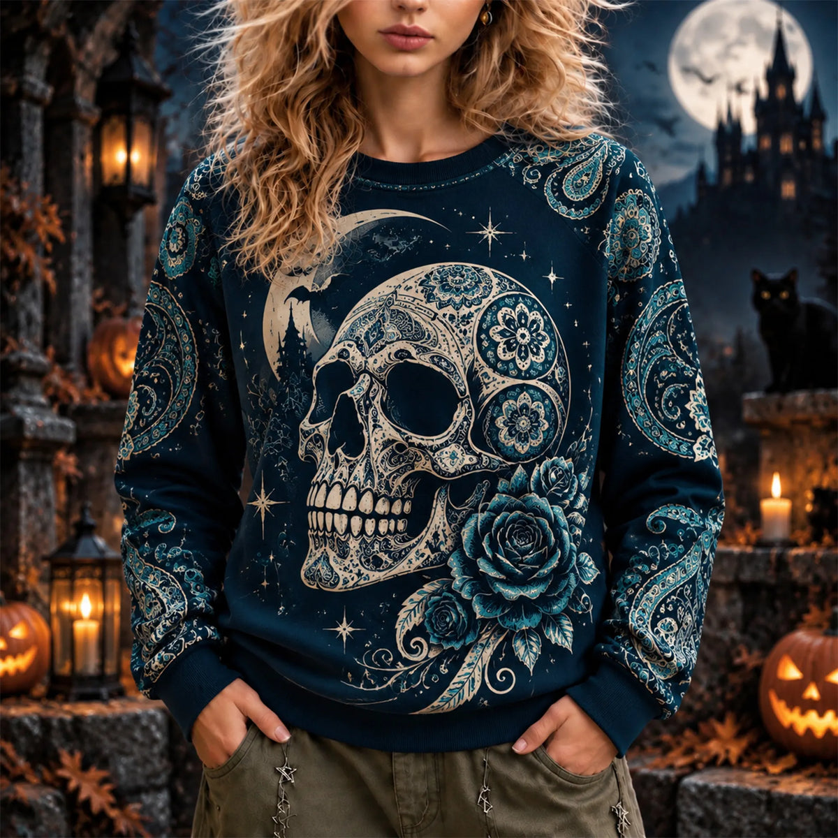 Vintage Dark Gothic Boho Paisley Sugar Skull Blue Rose Moon Sweatshirt