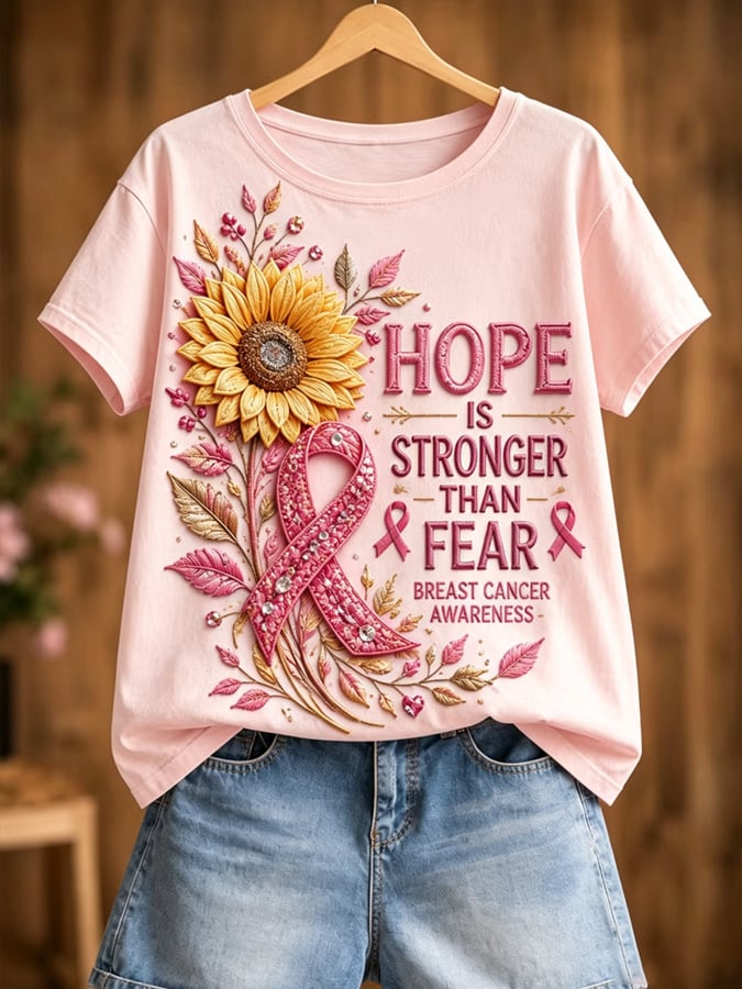 Women's Pink October Breast Cancer Awareness Month Print Casual T-Shirt