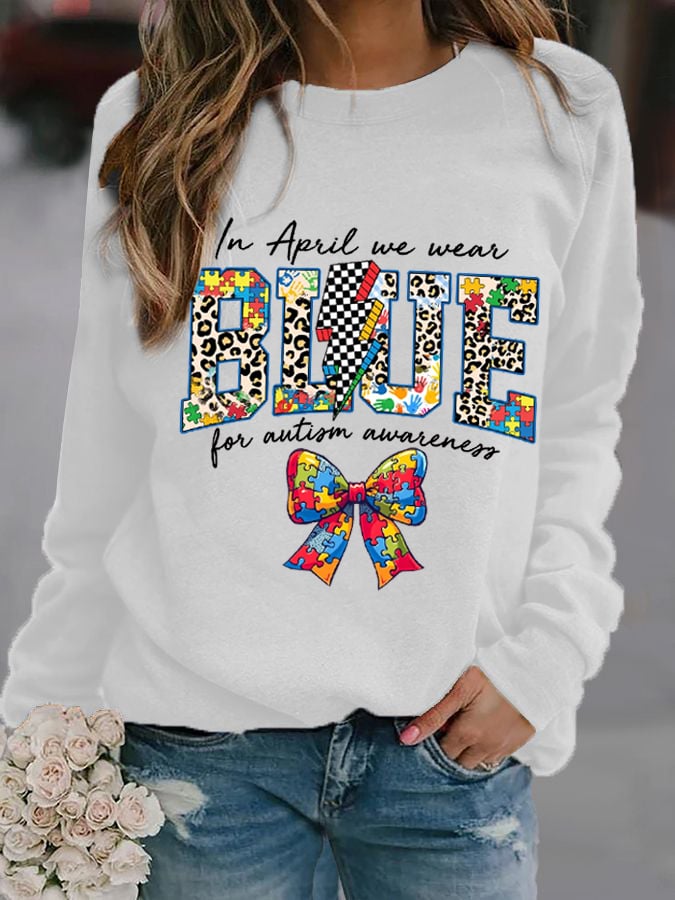 Women's "In April We Wear Blue" Autism Awareness Printed Casual Crew Neck Sweatshirt