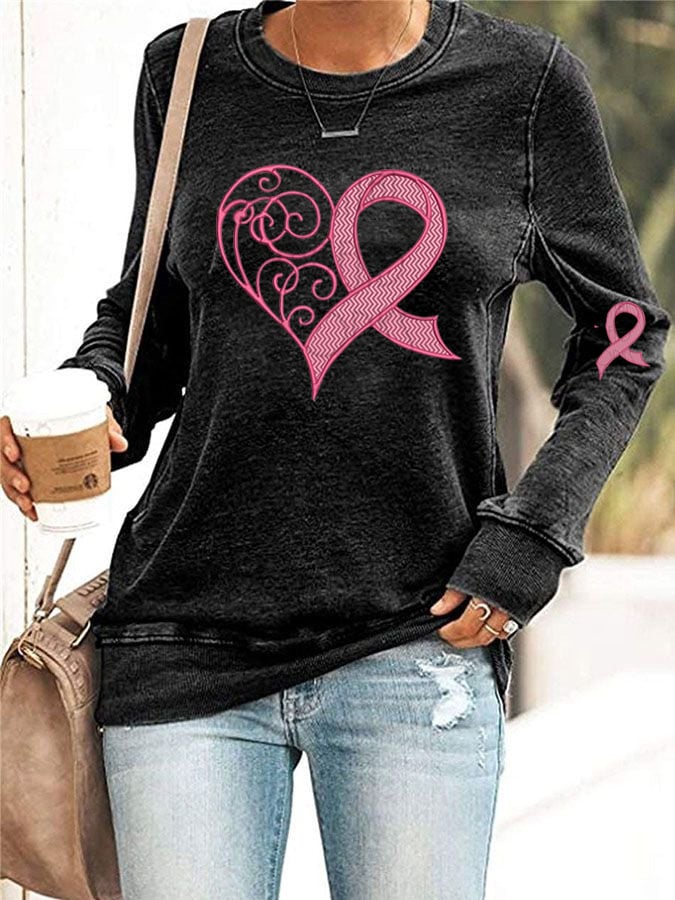Women's Breast Cancer Awareness Heart Ribbon Print Sweatshirt