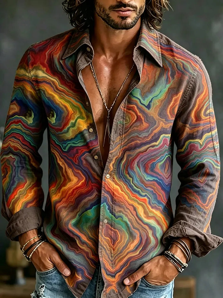Men's Retro Hippie Style Abstract Art Print Linen Blend Long-sleeve Shirt