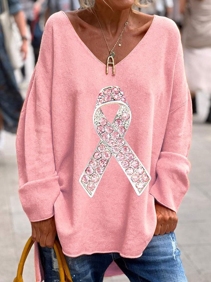 Womens Breast Cancer Awareness Jewelry Pink Ribbon Casual Top