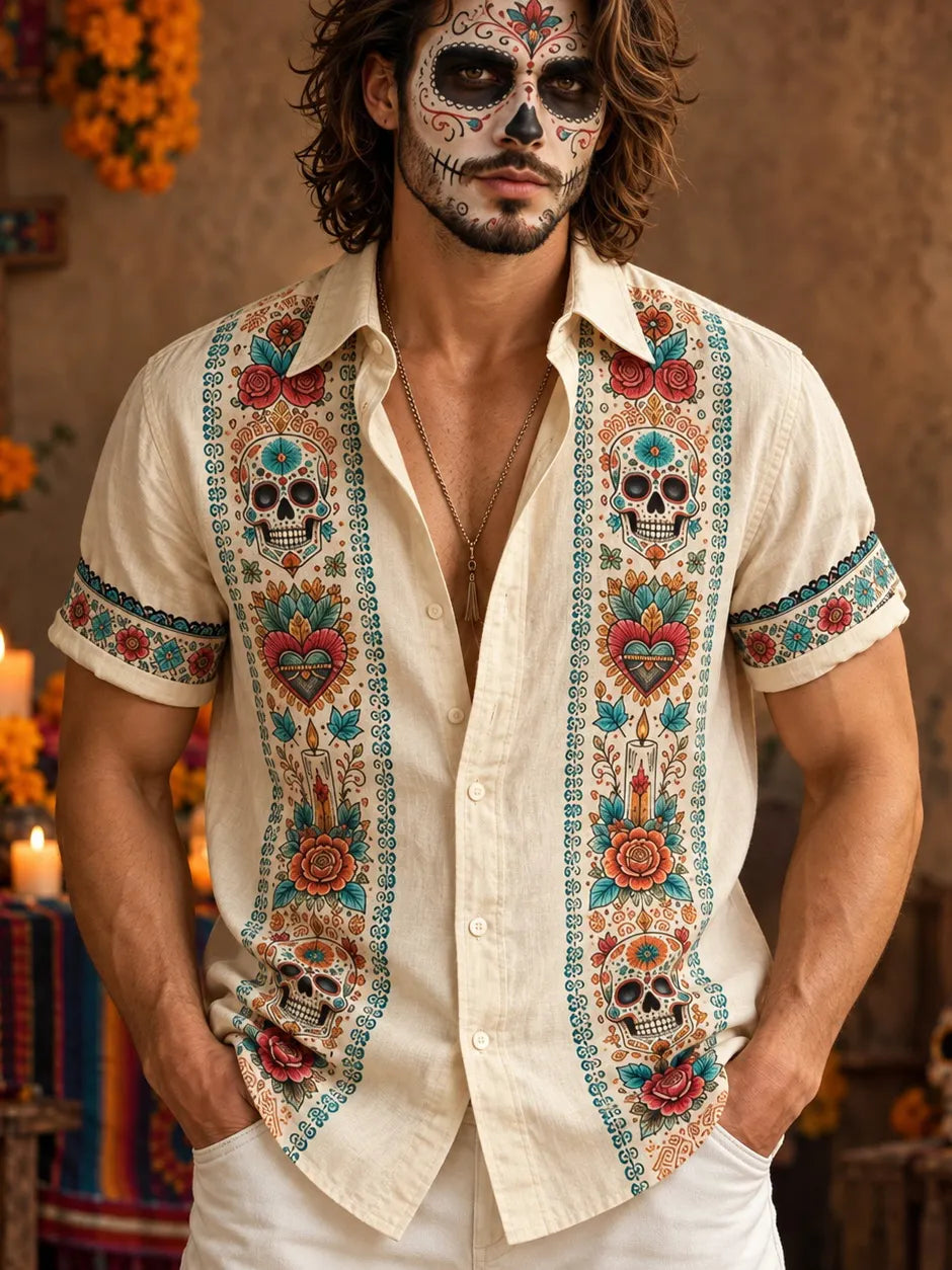 Men‘s Retro Mexico Day Of The Dead Floral Skull Graphics Printed Shirt