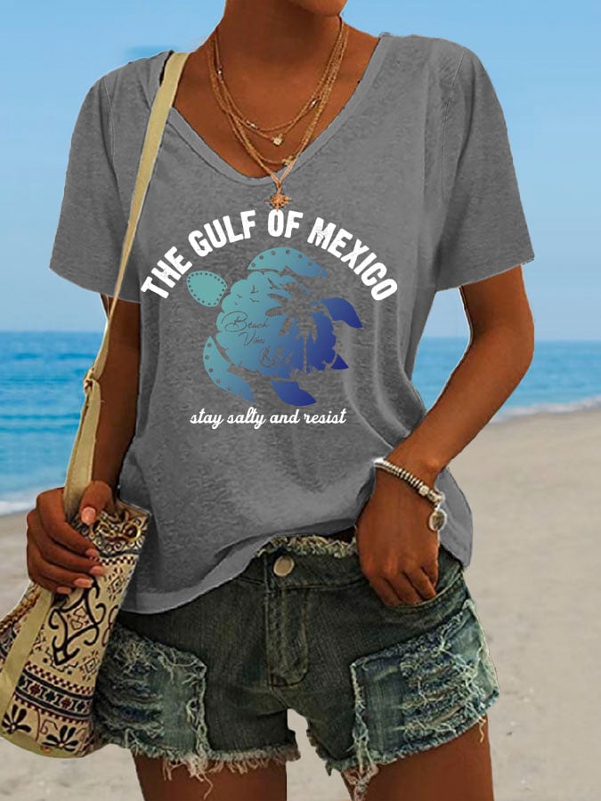 Women's Gulf Of Mexico Print V Neck Casual T-Shirt