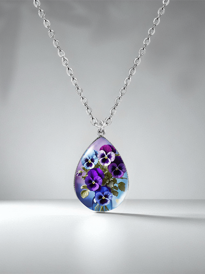 Purple Drop-Shaped Pansy Flower Design Necklace