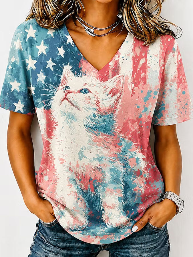 250Th Anniversary American Embroidery Commemorative V-Neck Short Sleeved T-Shirt