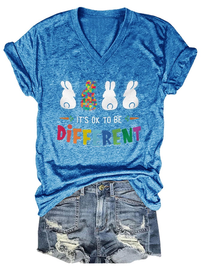 V-neck Autism Awareness Bunny It's Ok To Be Different Print T-Shirt