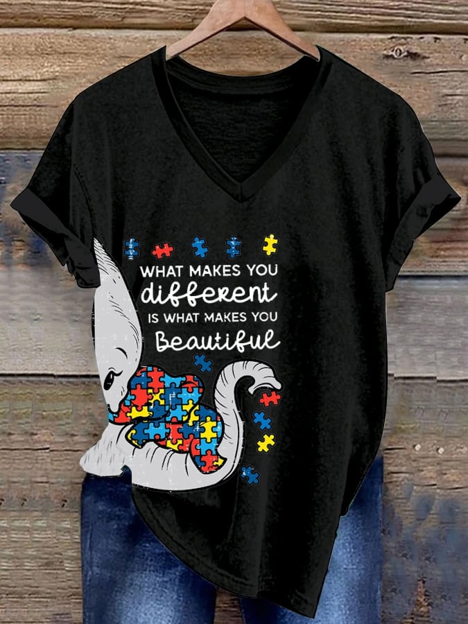 Women's  Autism Awareness Printed Casual V-Neck T-Shirt