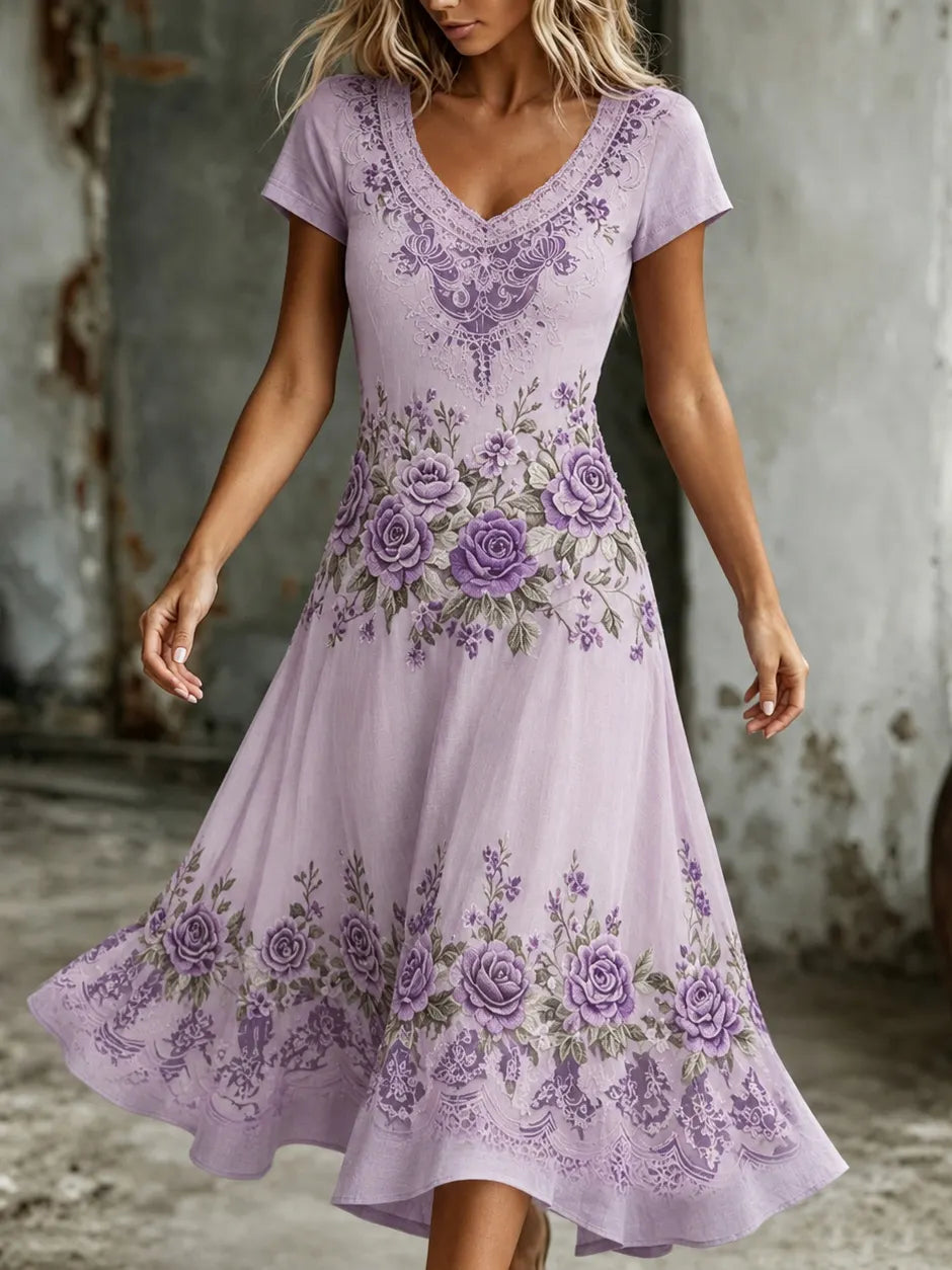 Women's Retro Purple Rose Embroidery Art V Neck Short Sleeve Midi Dress