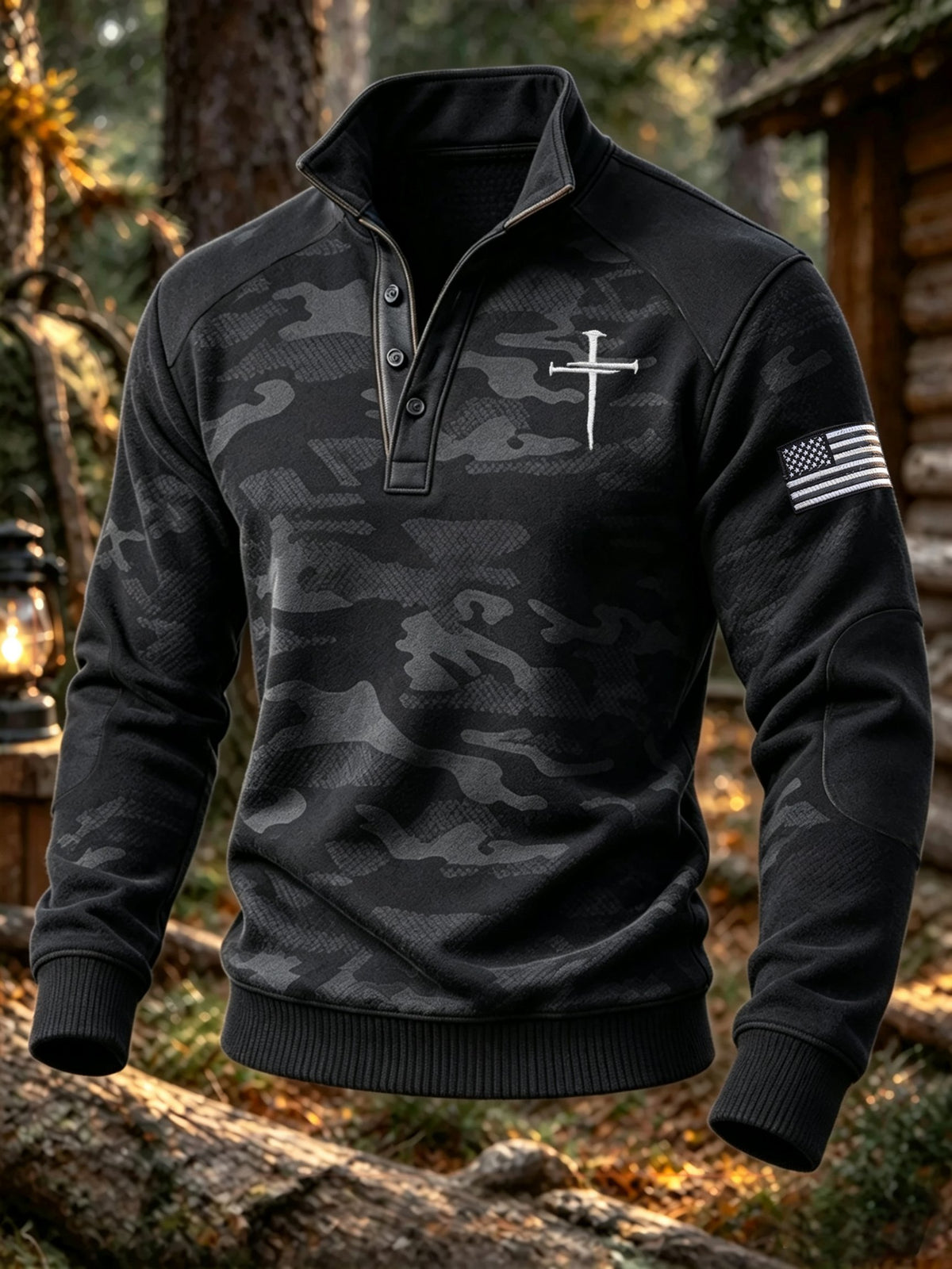 Men's "Faith" Jungle Camo Stand-Collar Poly-Cotton Sweatshirt