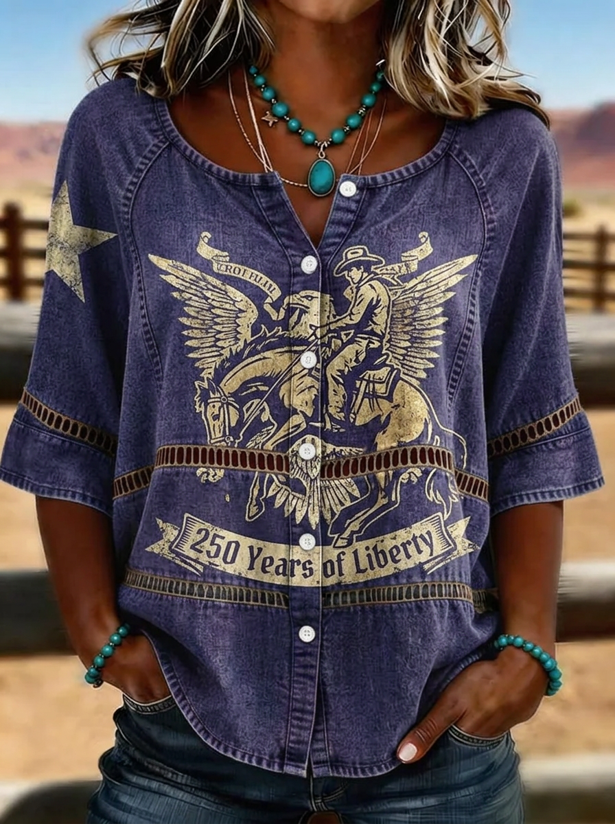 Women's Western Independence Day Cowboy Eagle Printed T-shirt