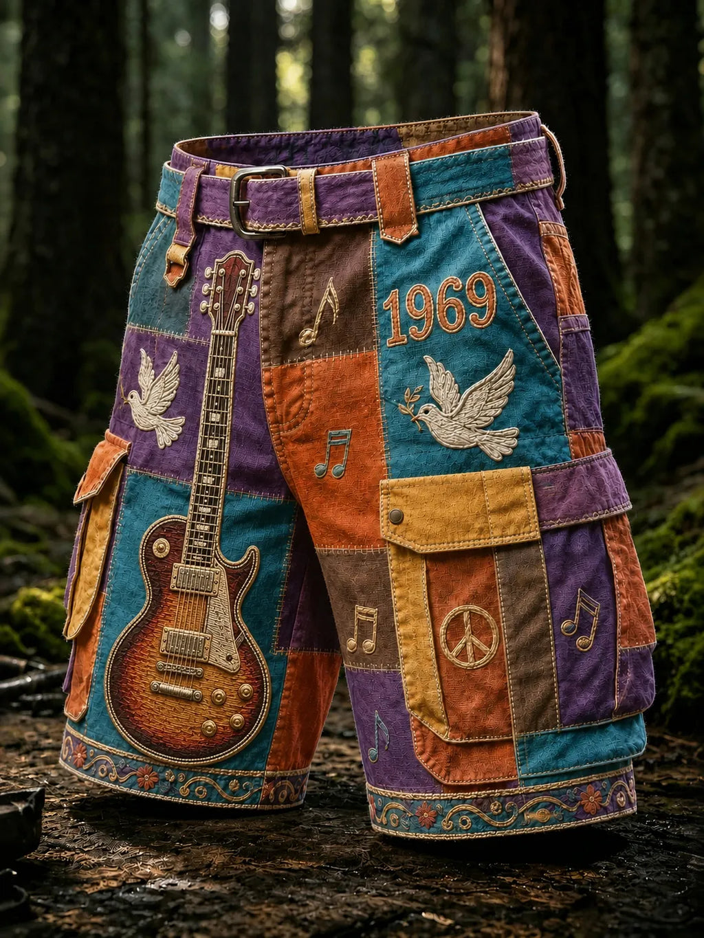 Men's Hippie Music Guitar Pattern Patchwork Art Print Casual Shorts(no Belt)